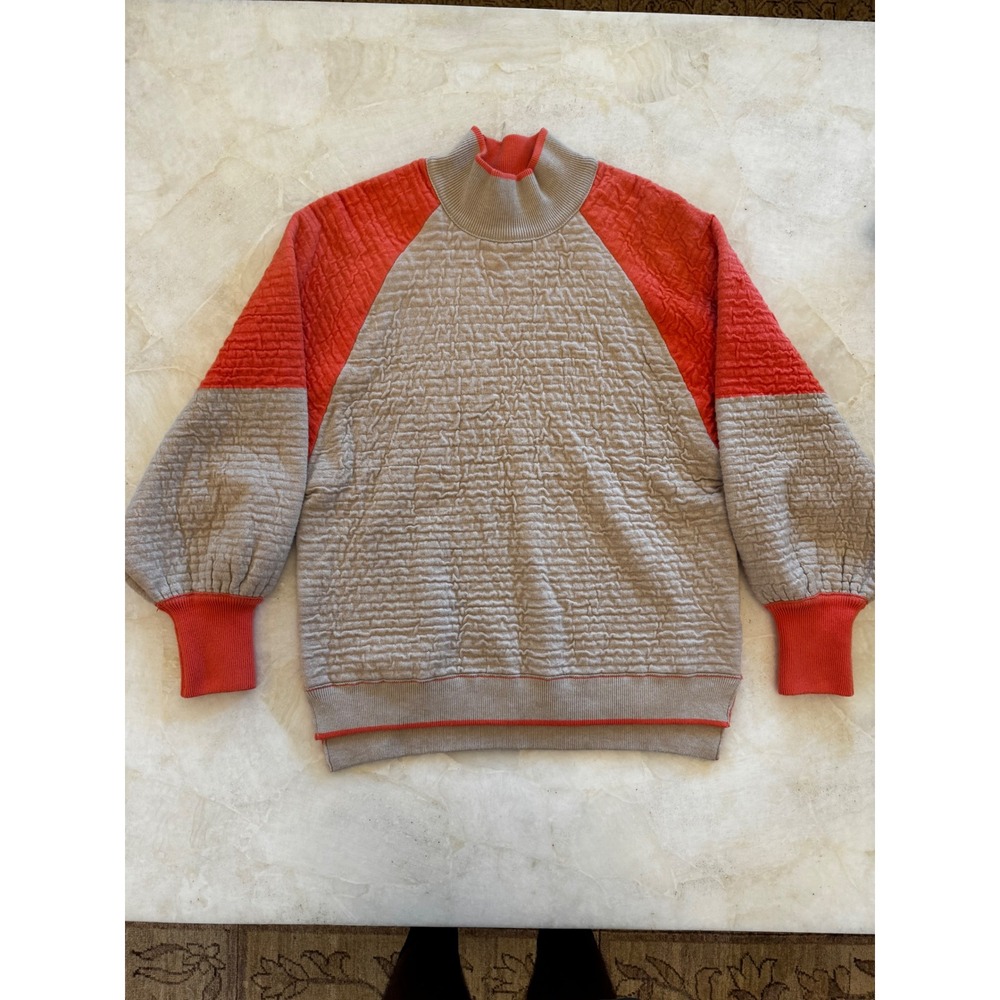 Fate Textured Quilted Balloon Sleeve Mock Neck Sweater Tan Orange